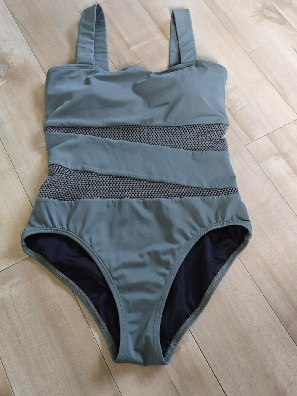 Carmen Marc Valvo One Piece Swimsuit Size 10 Olive Green Mesh Panel Swimwear